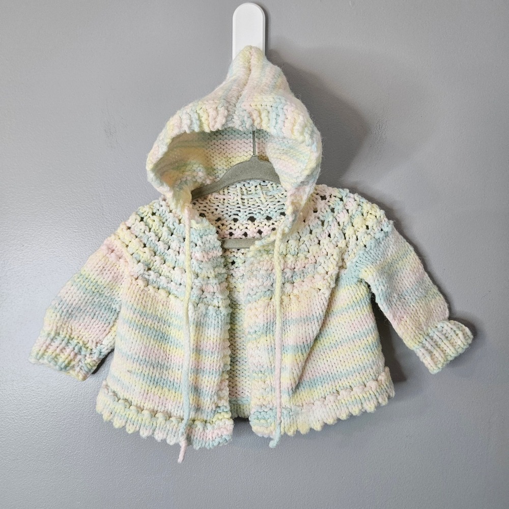 Handmade Pastel Striped Chunky Knit Hooded Baby Toddler Cardigan Sweater
